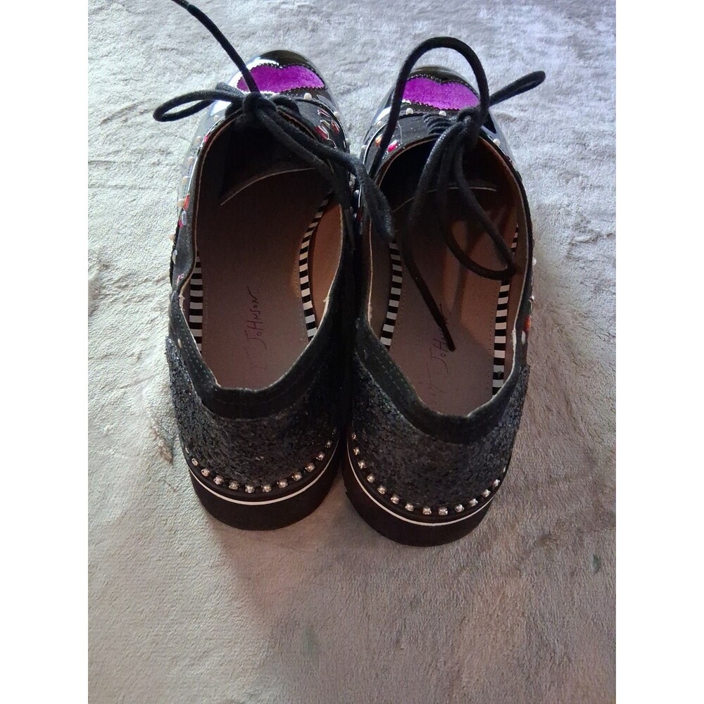 Betsey Johnson Black LaceUp Flats Heart Floral Studded & Glitter Accents Sz 10M - Picture 3 of 8